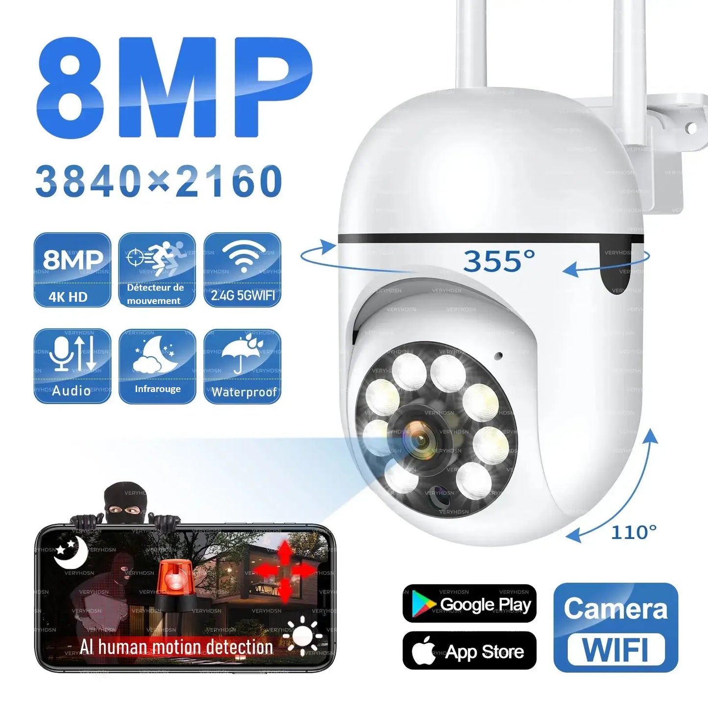 Caméra de Surveillance WiFi 8MP 4K – Vision Panoramique & Détection Intelligente Neocapture