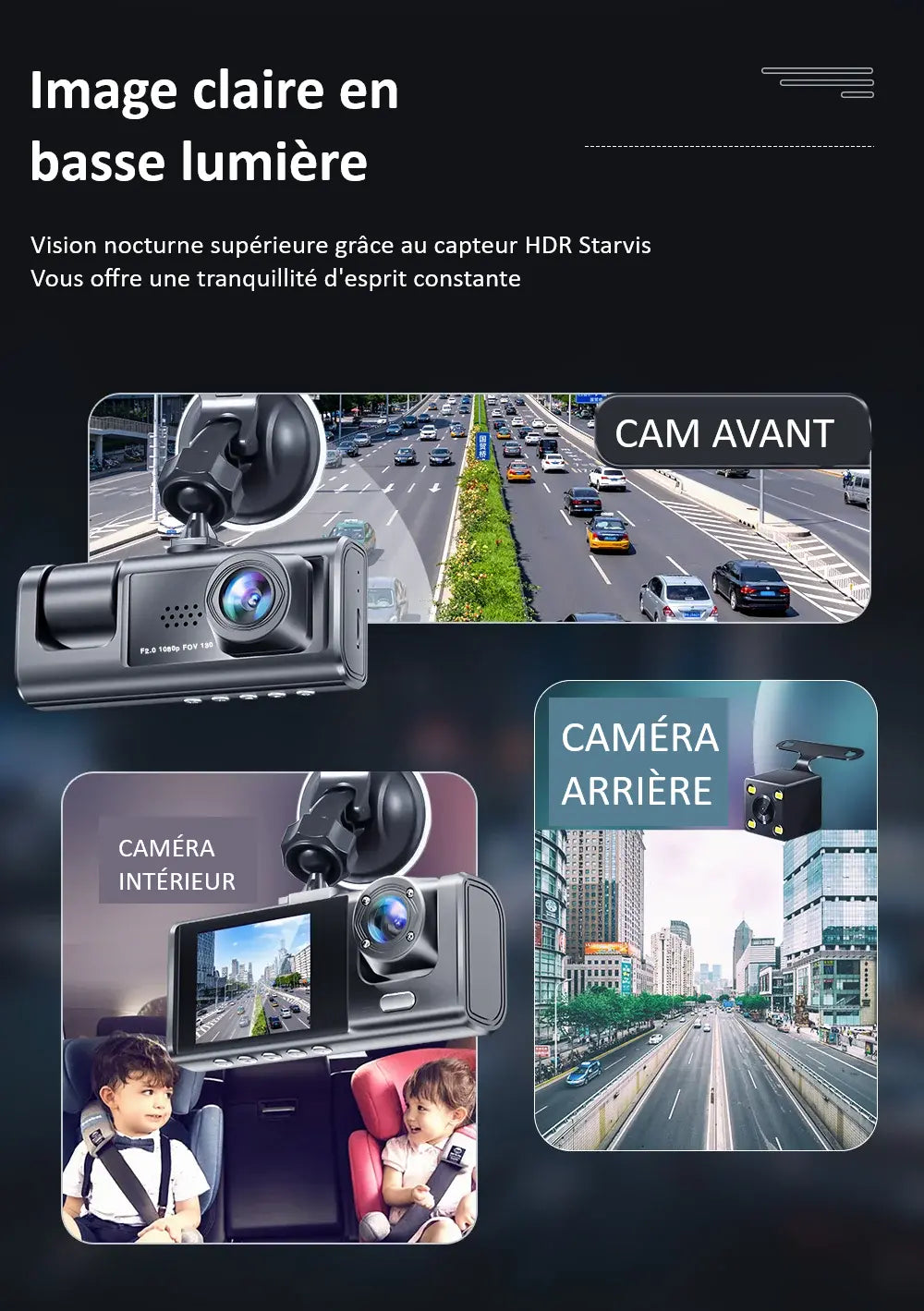 Dashcam 3 Voies HD 1080p - Caméra Voiture Avant/Intérieur/Arrière avec Vision Nocturne & Détection de Choc Neocapture